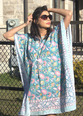 Teal blue floral cotton kaftan